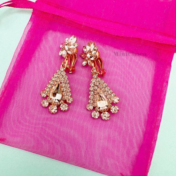 CLIP ON Flower Point Rhinestone Chandelier Bridal Earrings - Picture 3 of 9